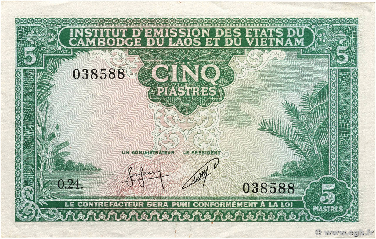 5 Piastres - 5 Riels INDOCHINE FRANÇAISE 1953 P.095 TTB