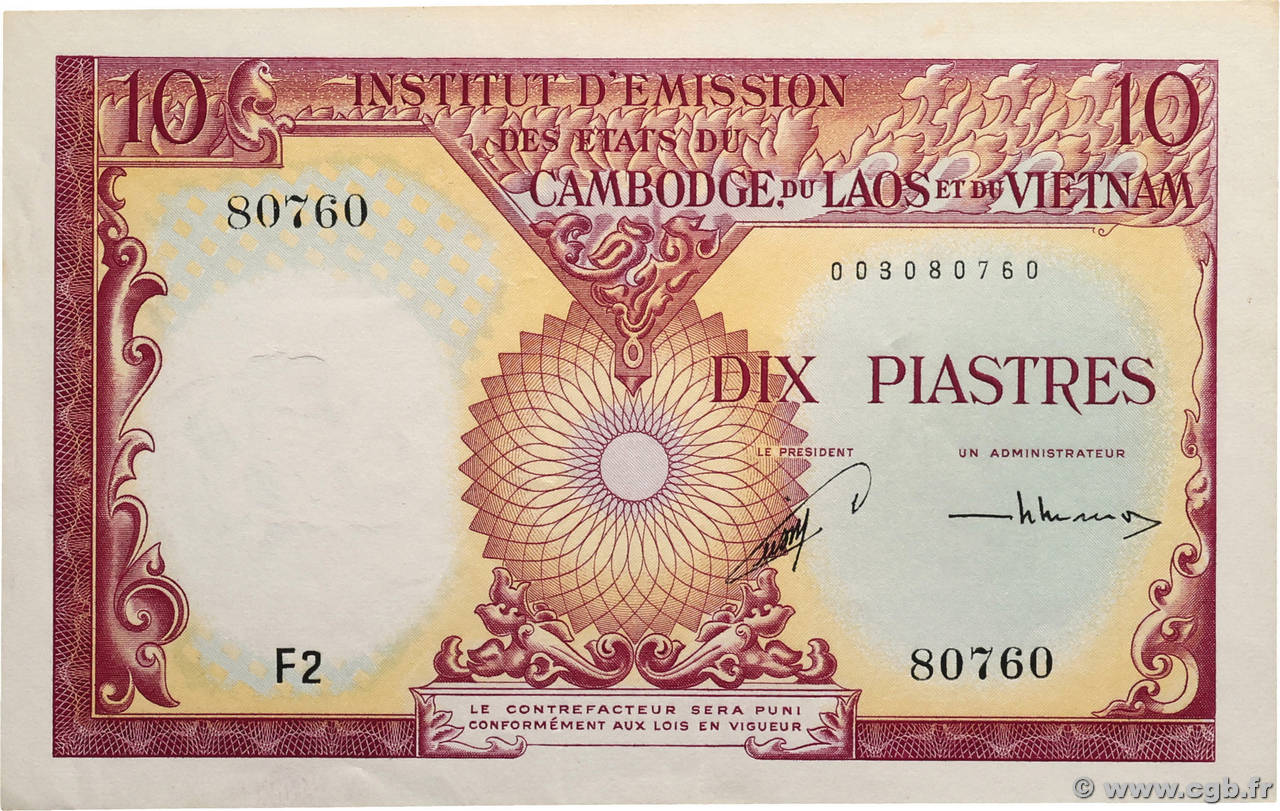 10 Piastres - 10 Riels INDOCHINE FRANÇAISE 1953 P.096a SUP