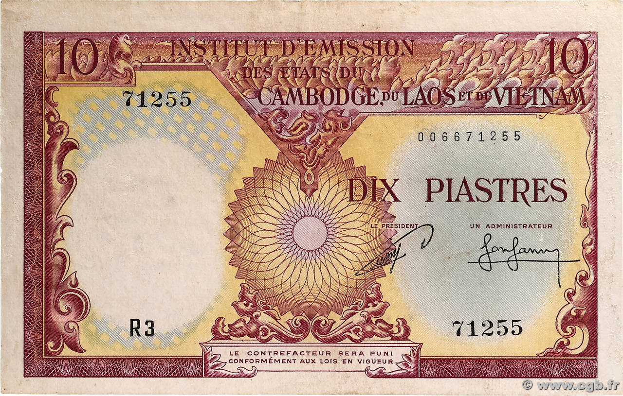 10 Piastres - 10 Riels INDOCHINE FRANÇAISE 1953 P.096b TTB