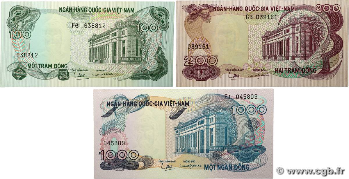 100, 200 et 1000 Dong Lot VIET NAM SUD 1969 P.26a, P.27a et P.29a pr.NEUF