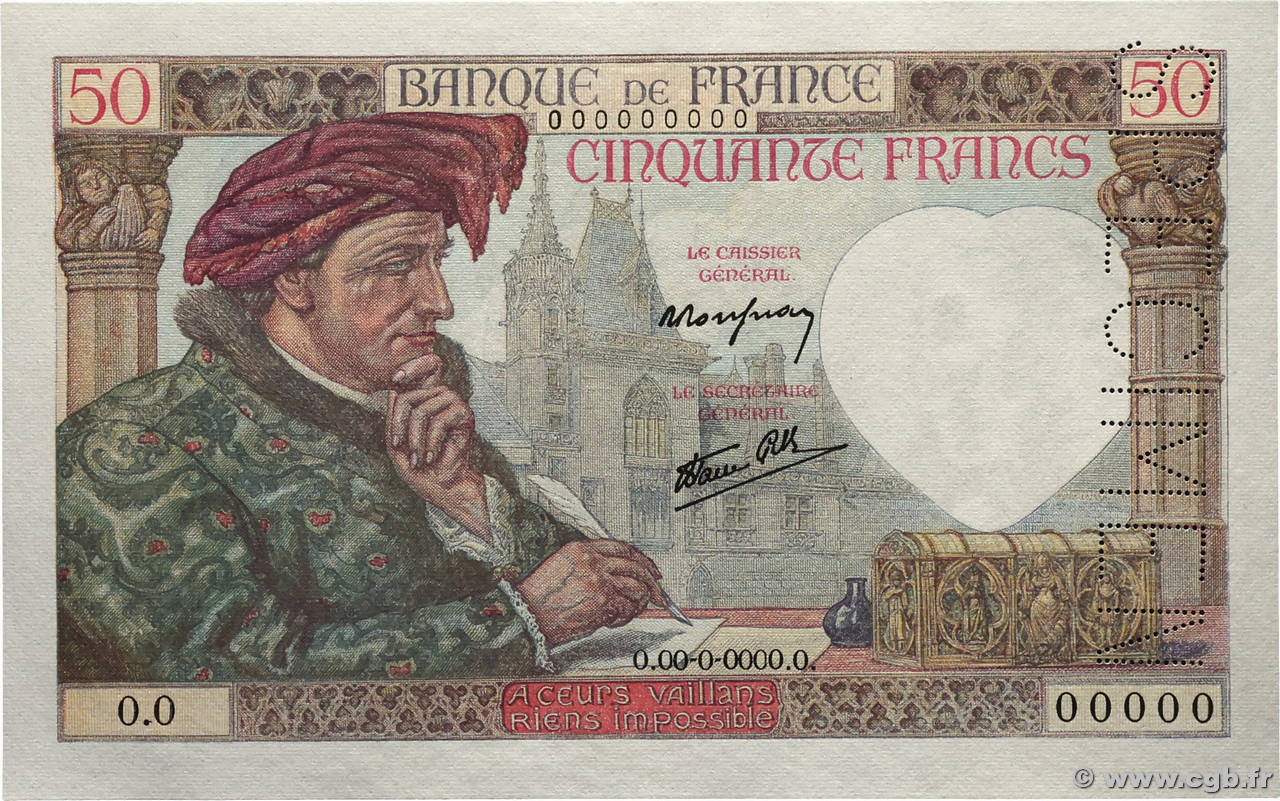 50 Francs JACQUES CŒUR Spécimen FRANCE 1940 F.19.01Sp NEUF