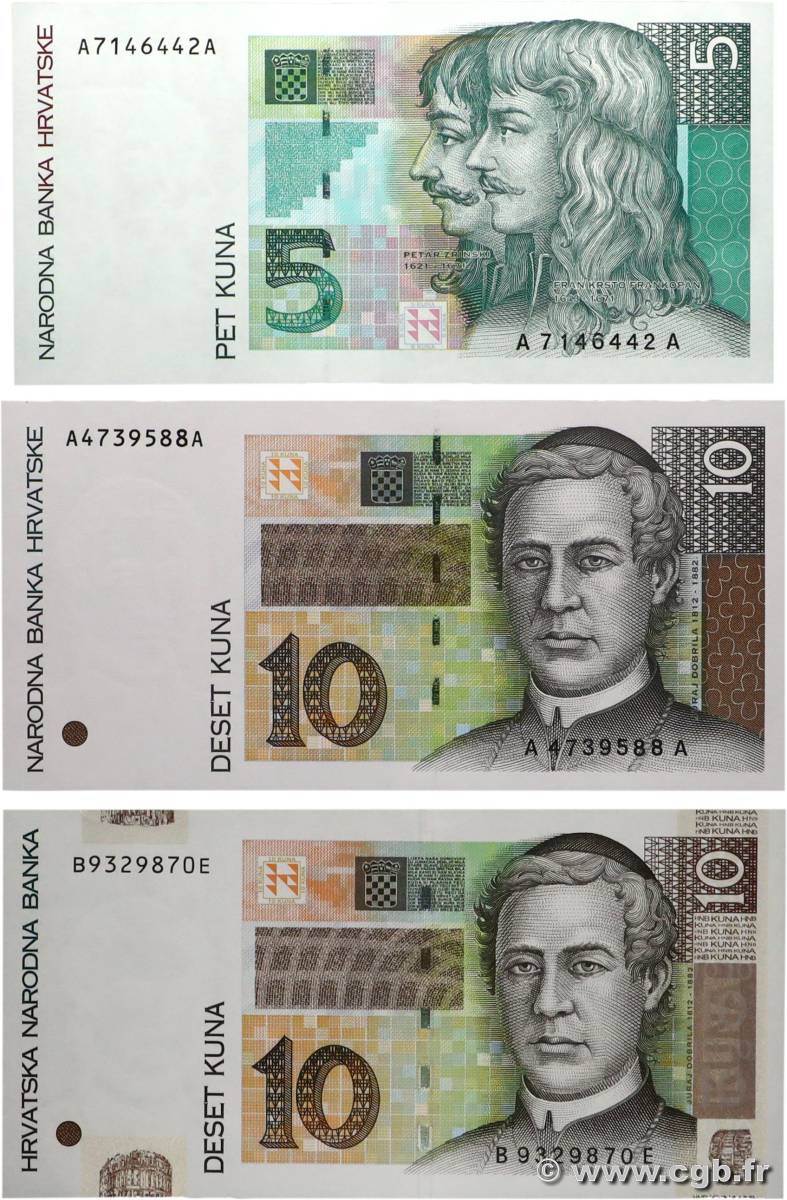 5 et 10 Kuna Lot CROATIE  1993 P.28a, P.36 et P.38b NEUF