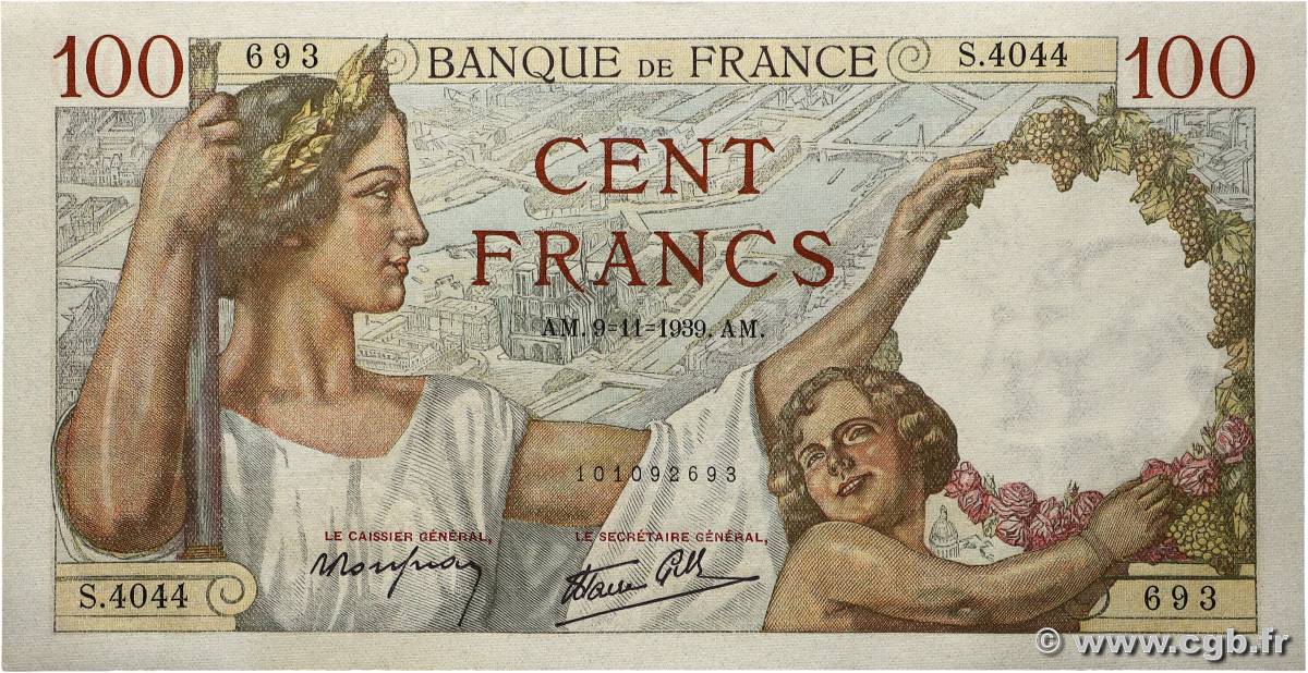 100 Francs SULLY FRANKREICH 1939 F.26.14 fST+