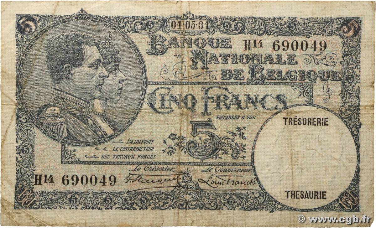 5 Francs BELGIQUE  1931 P.097b pr.TB