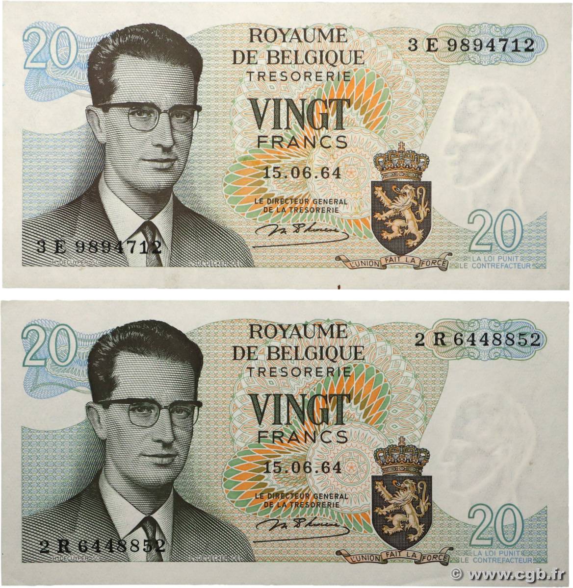 20 Francs Lot BELGIQUE  1964 P.138 SPL