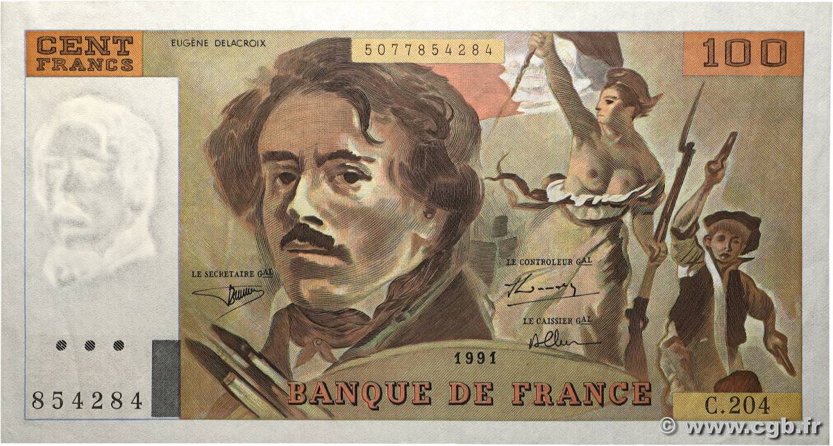 100 Francs DELACROIX imprimé en continu FRANKREICH 1991 F.69bis.04b fST