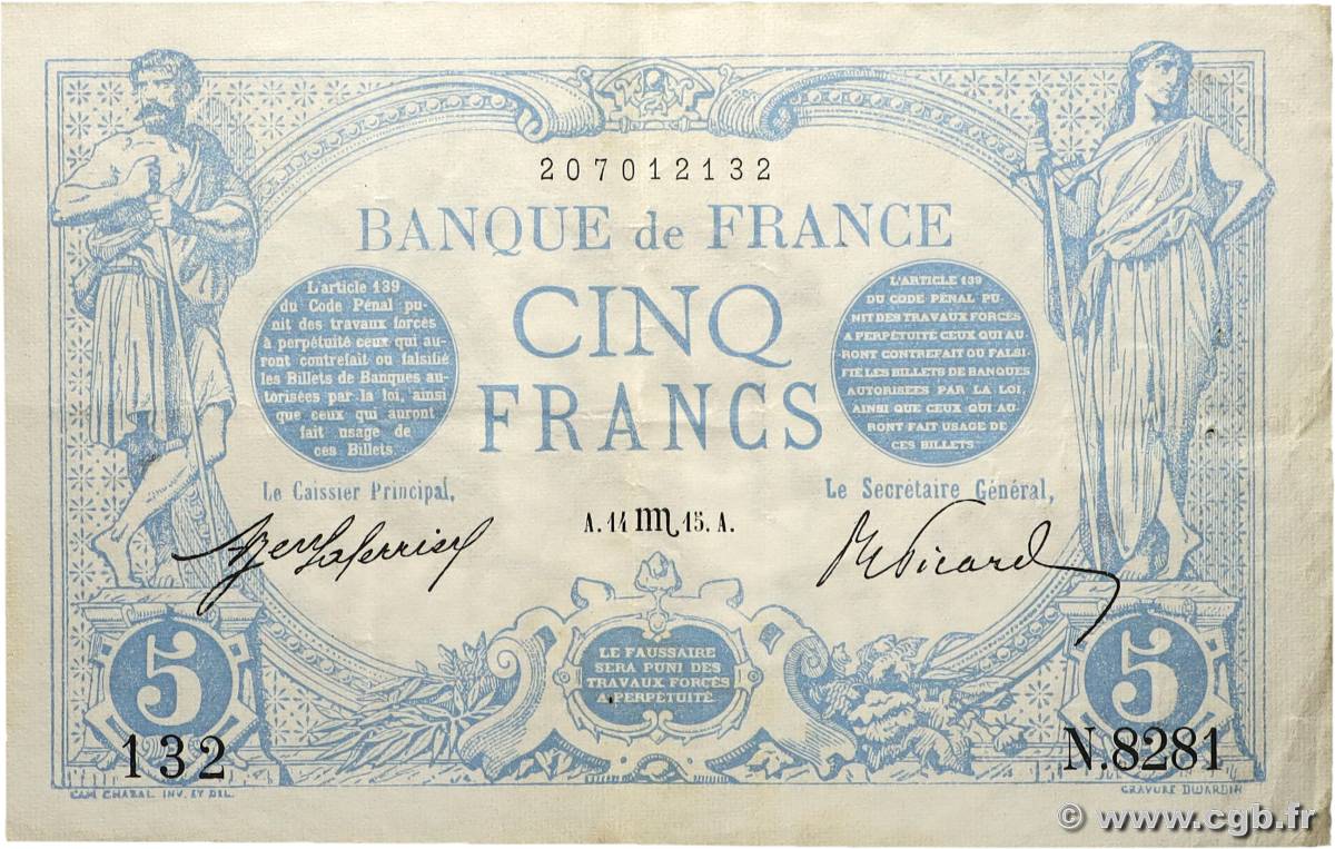 5 Francs BLEU FRANKREICH 1915 F.02.32 SS
