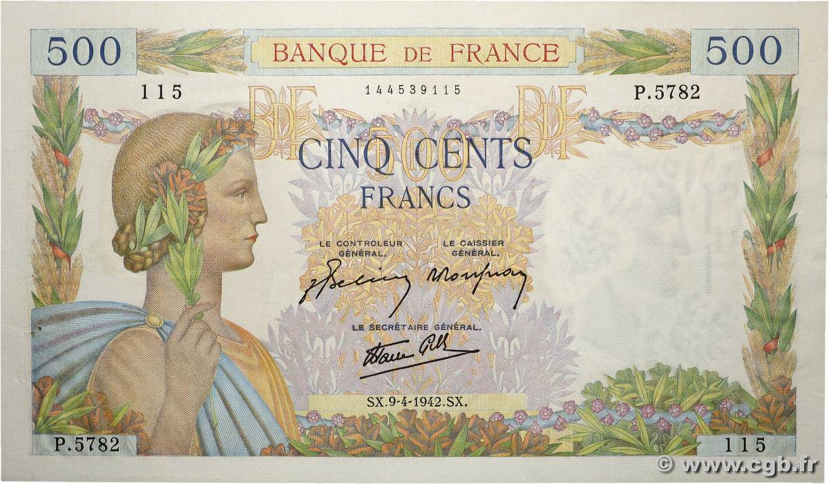 500 Francs LA PAIX FRANKREICH 1942 F.32.34 VZ