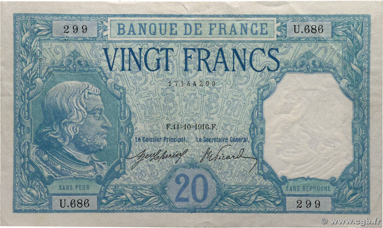 20 Francs BAYARD FRANCE 1916 F.11.01 SUP+