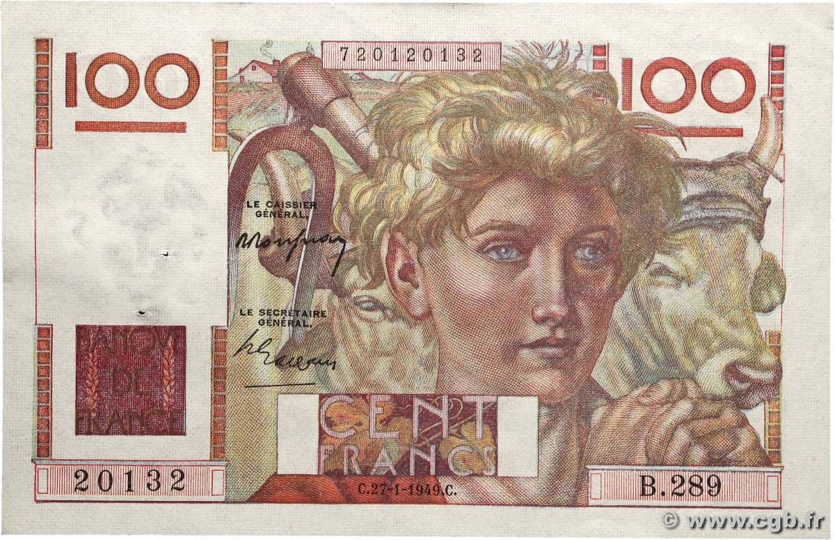 100 Francs JEUNE PAYSAN FRANKREICH 1949 F.28.21 VZ+