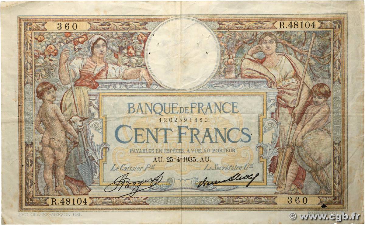 100 Francs LUC OLIVIER MERSON grands cartouches FRANCE  1935 F.24.14 TB+