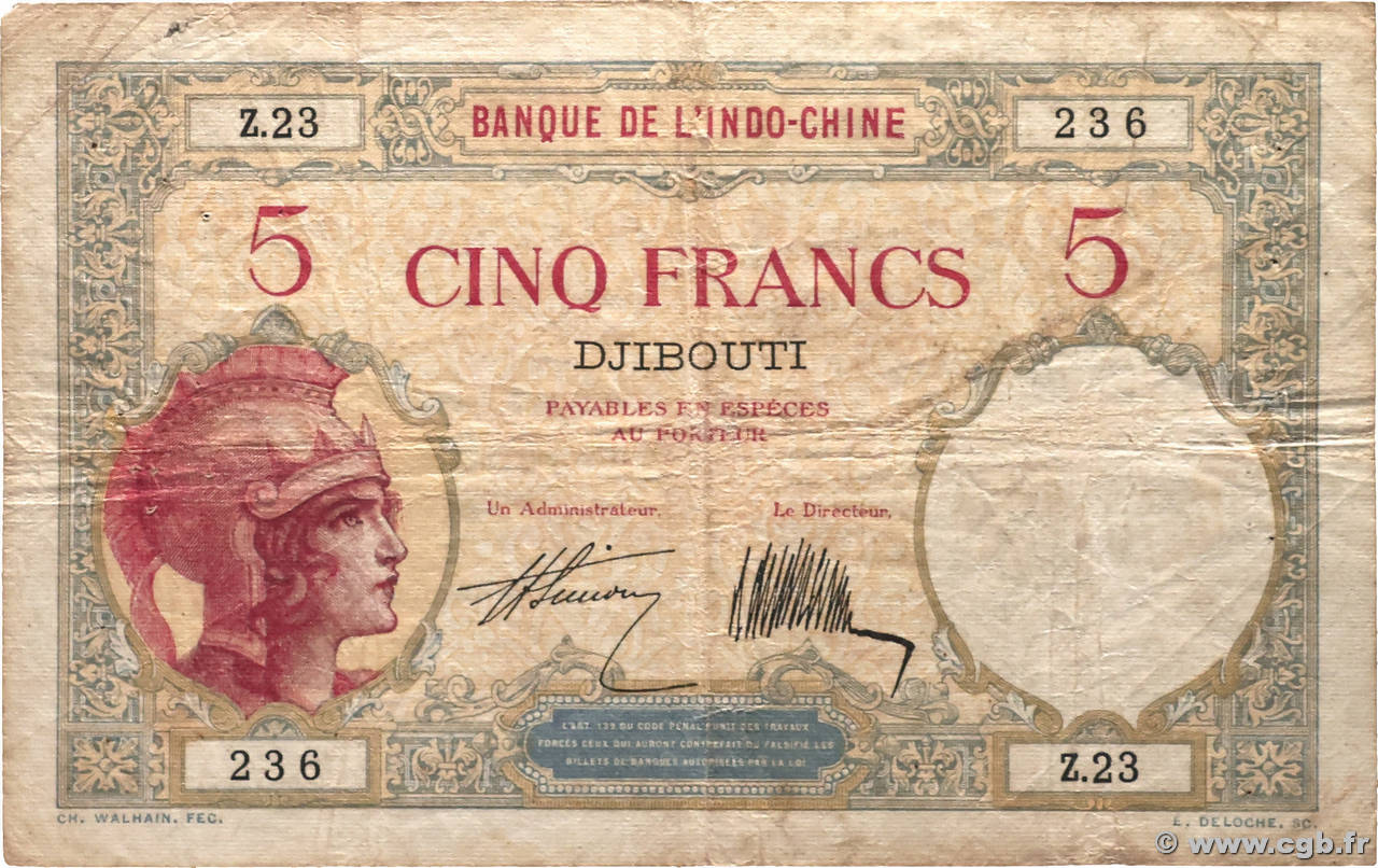 5 Francs DJIBOUTI 1927 P.06a TB