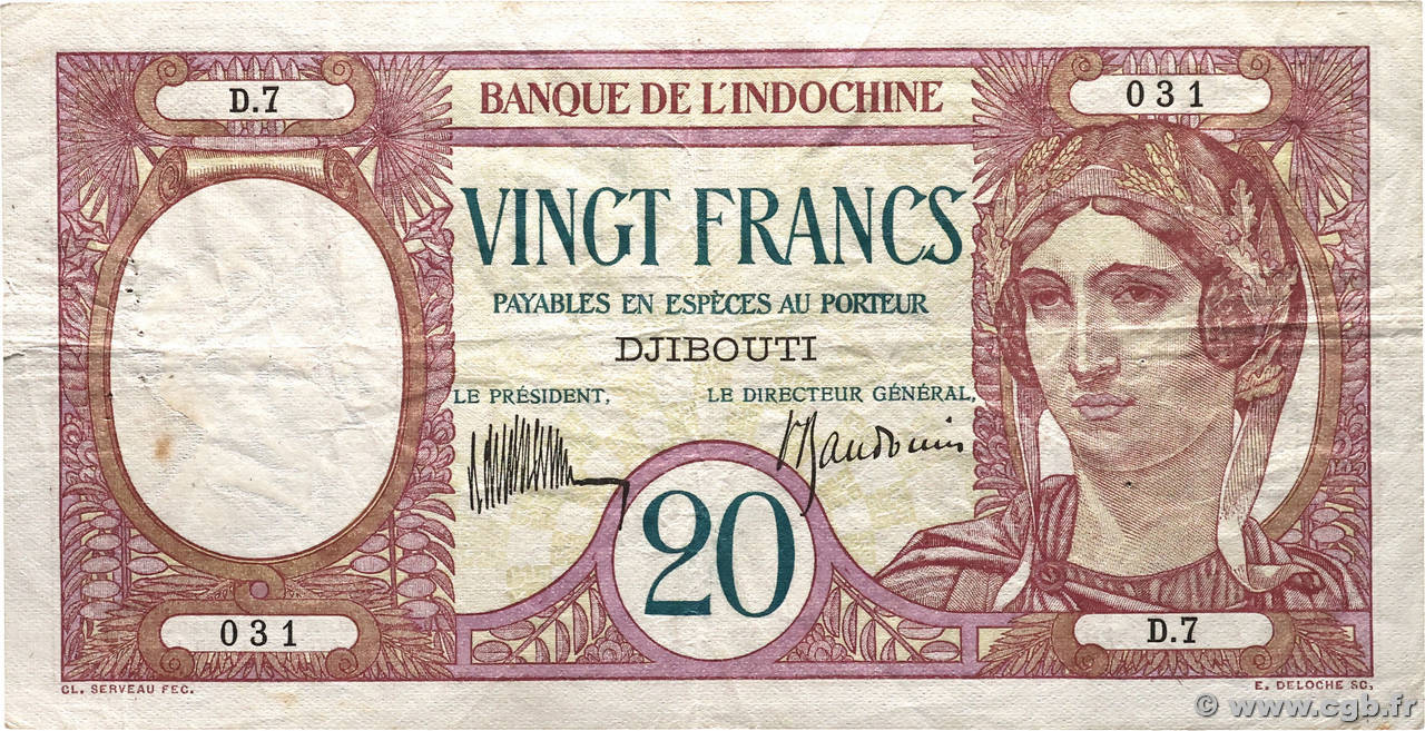 20 Francs DJIBOUTI 1936 P.07a1 TTB