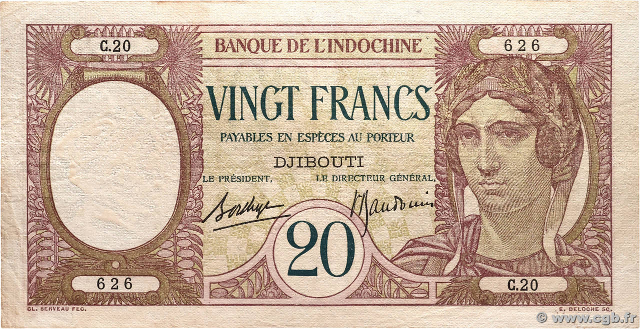 20 Francs DJIBOUTI 1936 P.07b TTB+