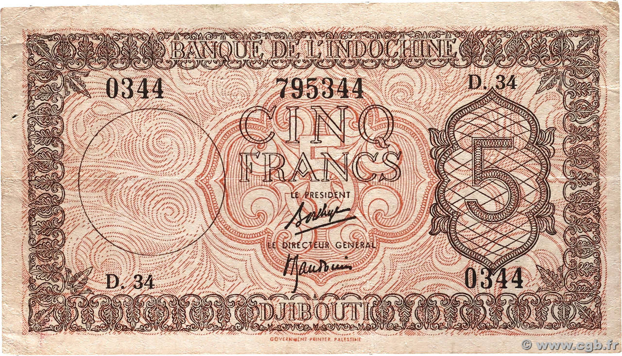 5 Francs Palestine DJIBOUTI 1945 P.14 pr.TTB