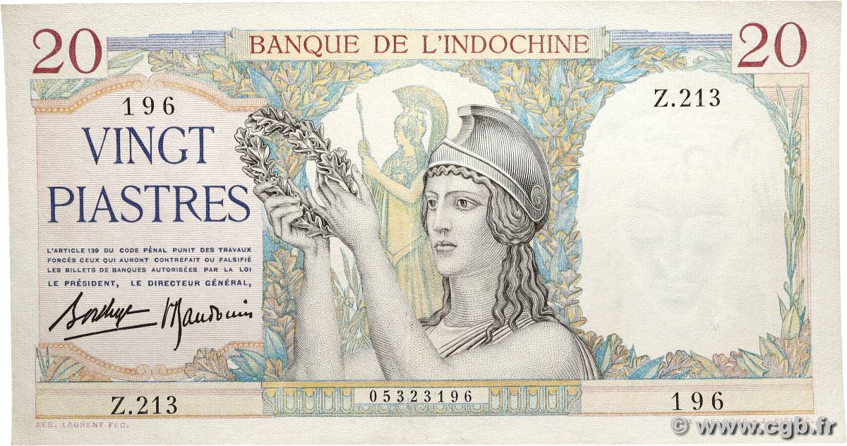 20 Piastres FRANZÖSISCHE-INDOCHINA 1936 P.056b fST