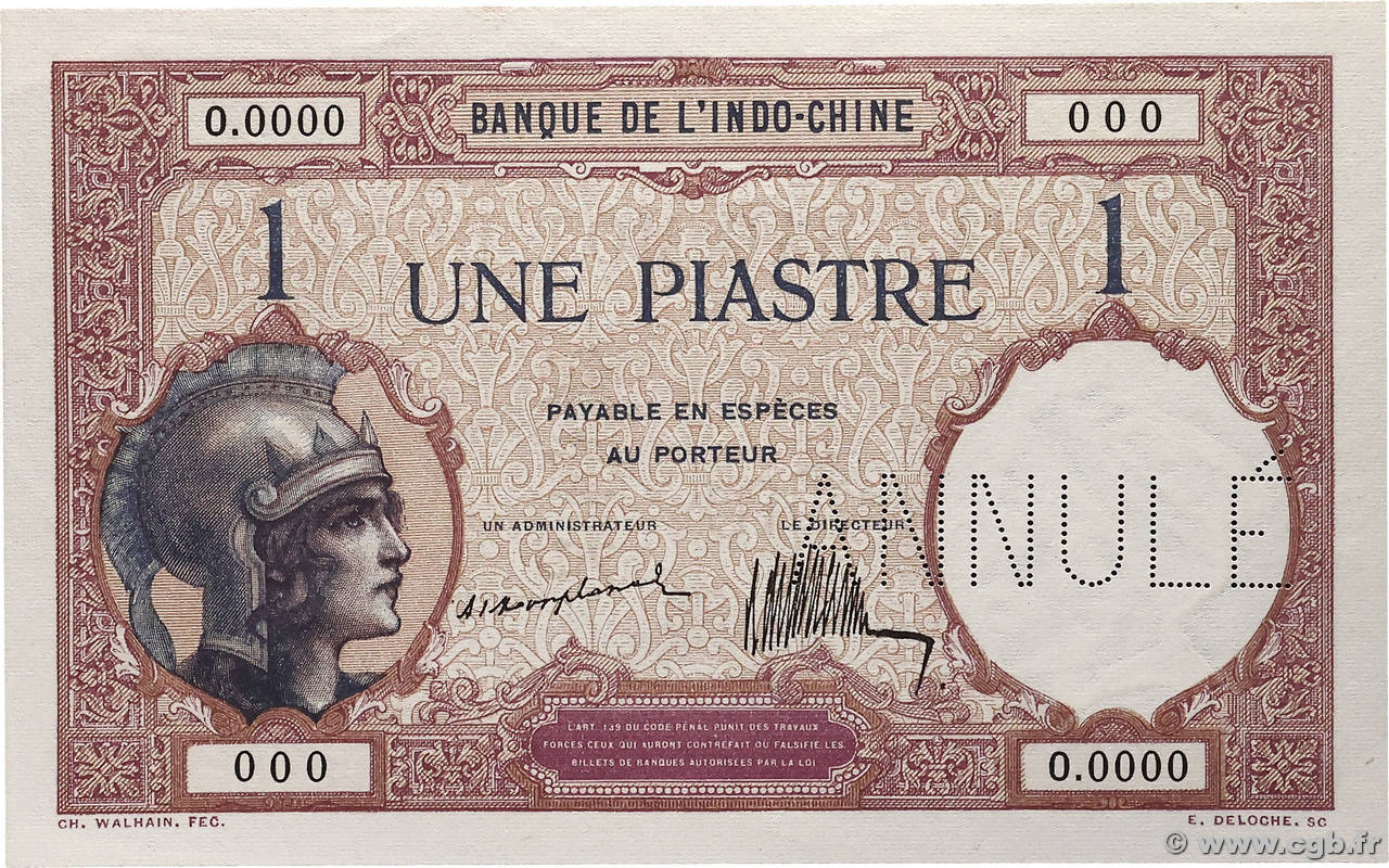 1 Piastre Spécimen INDOCHINE FRANÇAISE 1921 P.048as NEUF