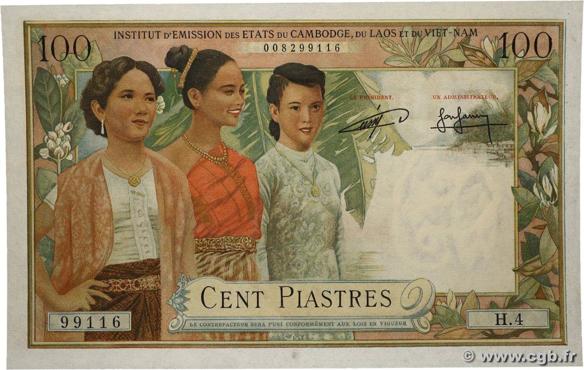 100 Piastres - 100 Riels FRANZÖSISCHE-INDOCHINA 1954 P.097 fST