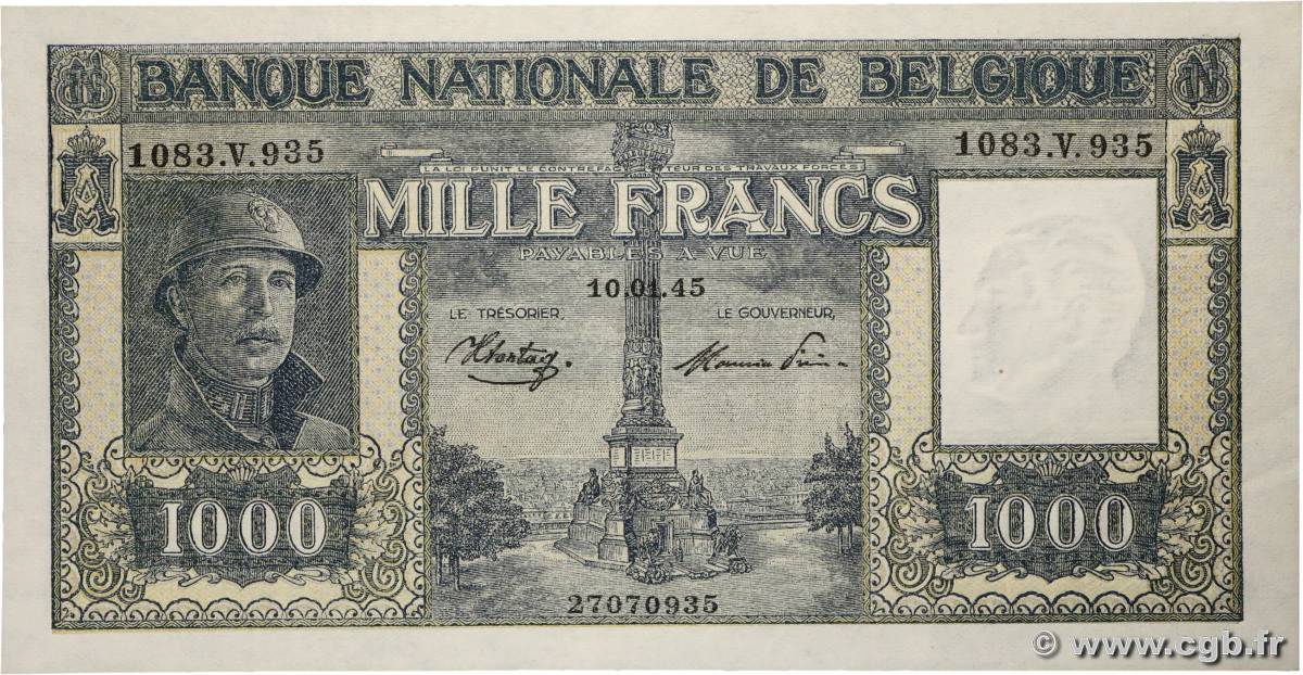 1000 Francs BELGIQUE  1945 P.128b pr.NEUF