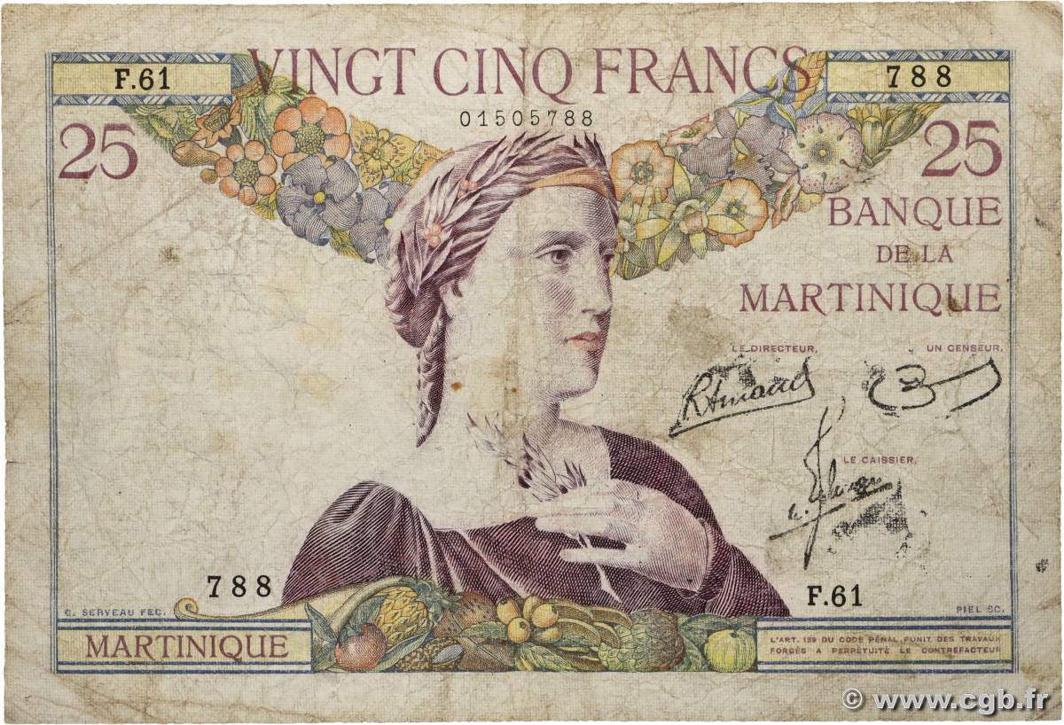 25 Francs MARTINIQUE  1938 P.12 F