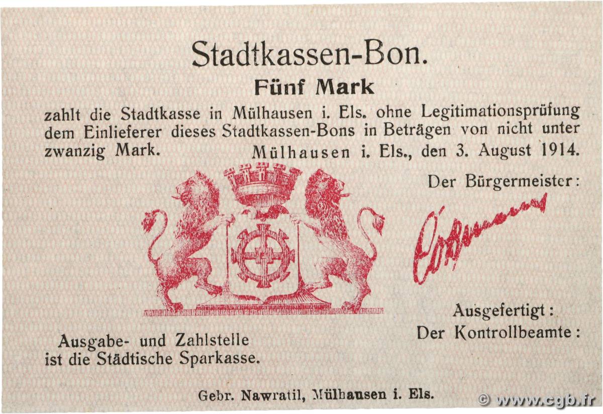 5 Mark ALLEMAGNE Mulhouse 1914 JP.68-269 NEUF