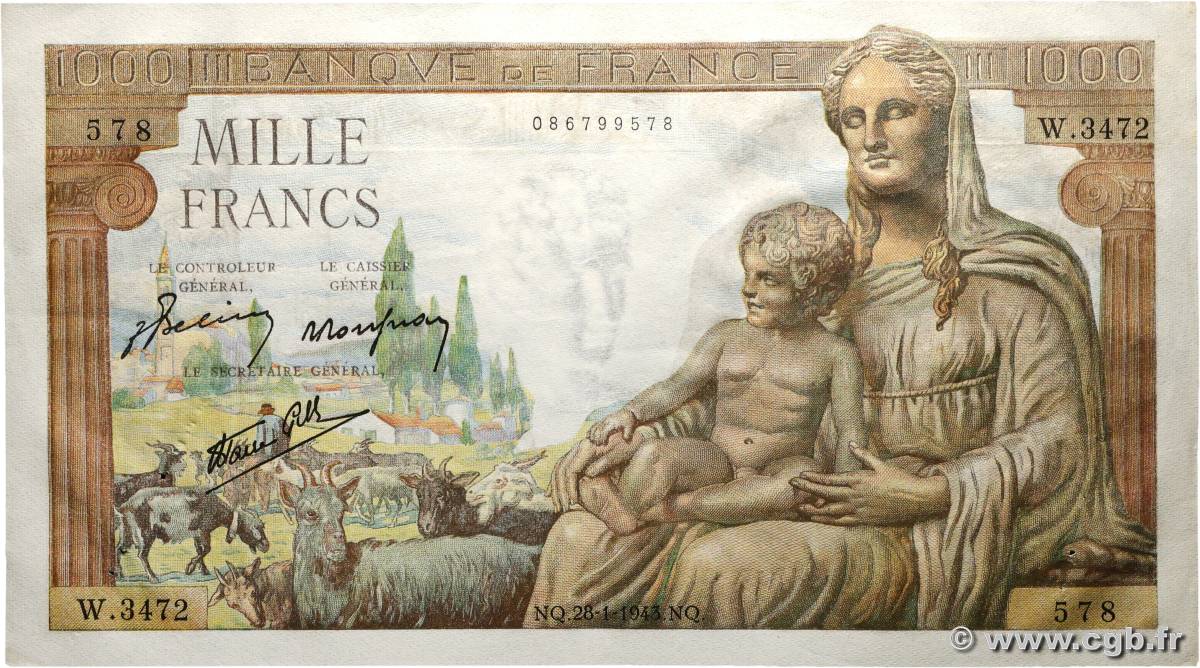 1000 Francs DÉESSE DÉMÉTER FRANCE  1943 F.40.17 SUP