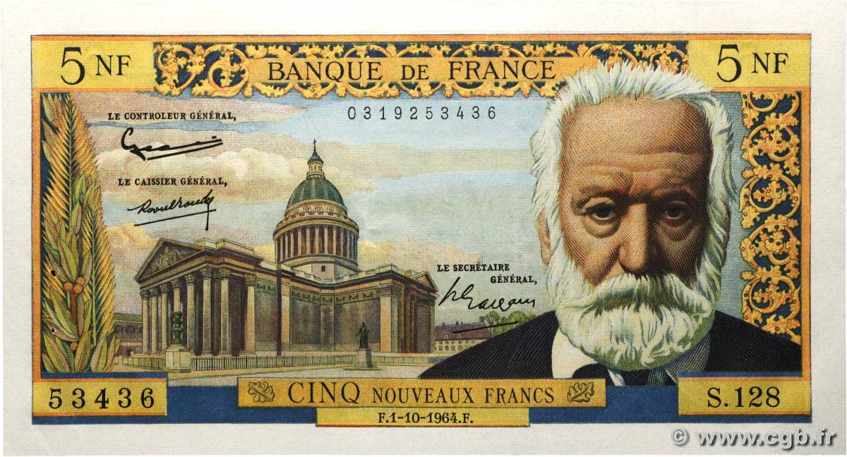 5 Nouveaux Francs VICTOR HUGO FRANCE  1964 F.56.16 SUP