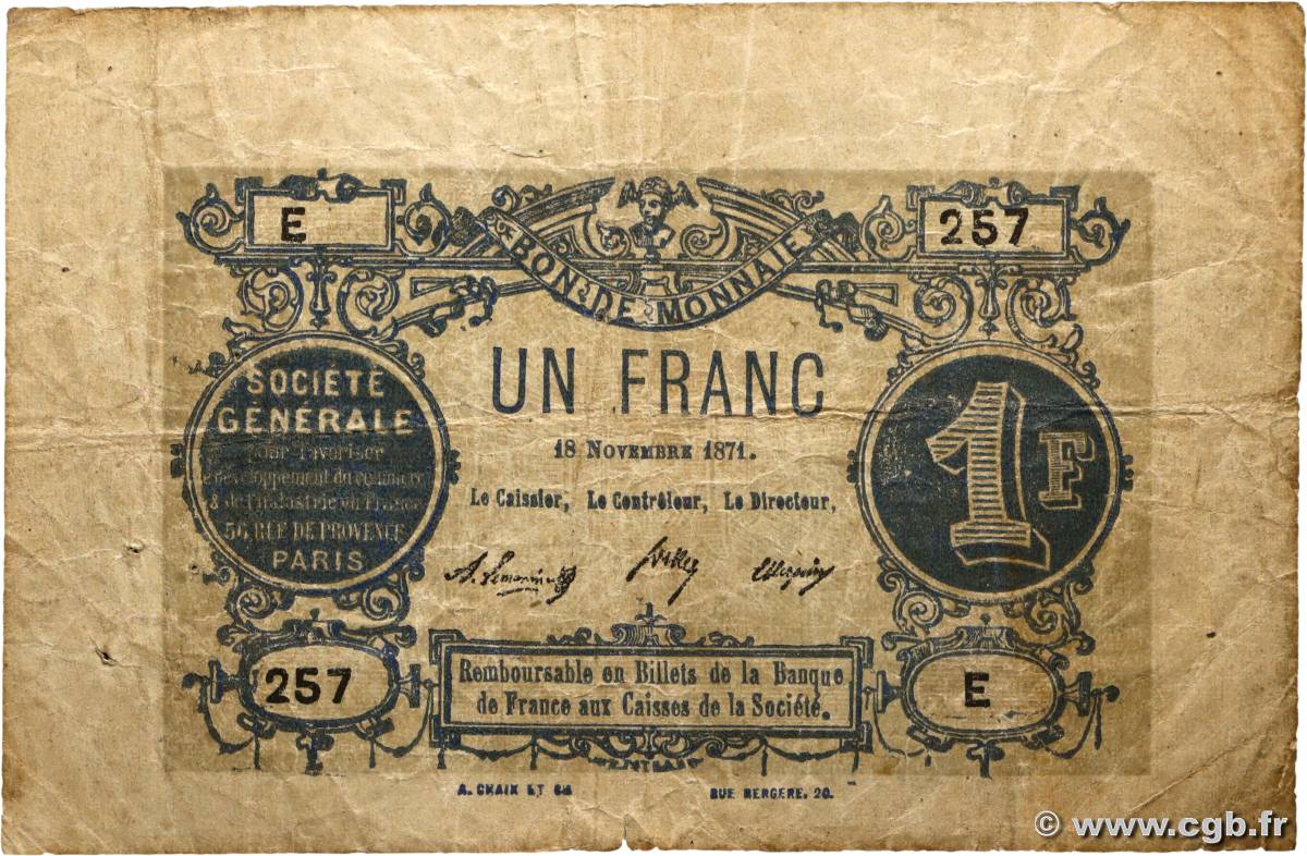 1 Franc Société Générale FRANCE régionalisme et divers Paris 1871 JER.75.02A B+