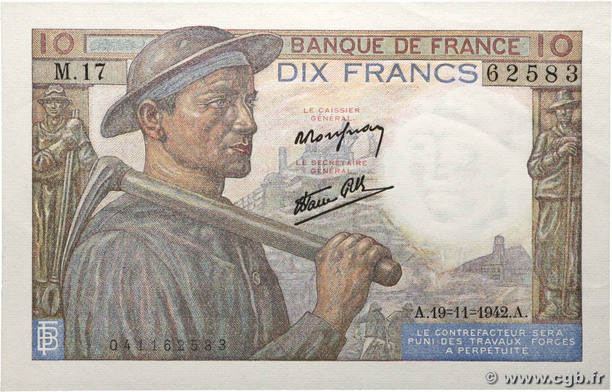 10 Francs MINEUR FRANCE  1942 F.08.06 SPL+