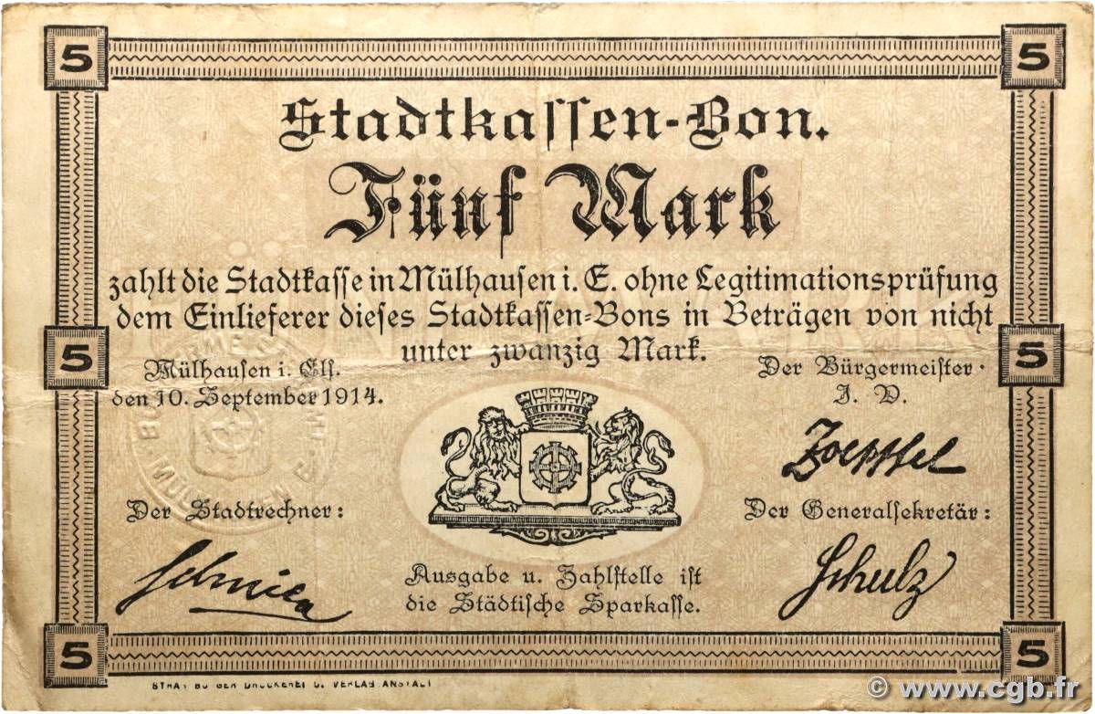5 Mark ALLEMAGNE Mulhouse 1914 JP.68-281 pr.TTB