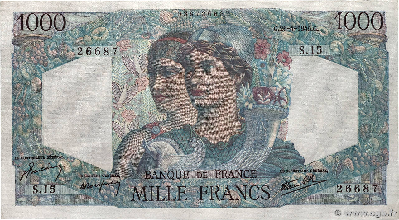 1000 Francs MINERVE ET HERCULE FRANCE 1945 F.41.02 SUP+