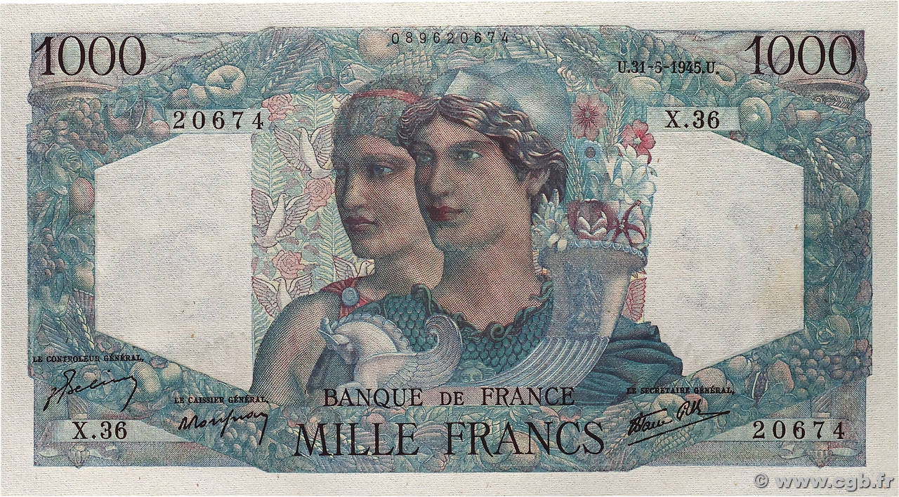 1000 Francs MINERVE ET HERCULE FRANCE 1945 F.41.03 pr.NEUF