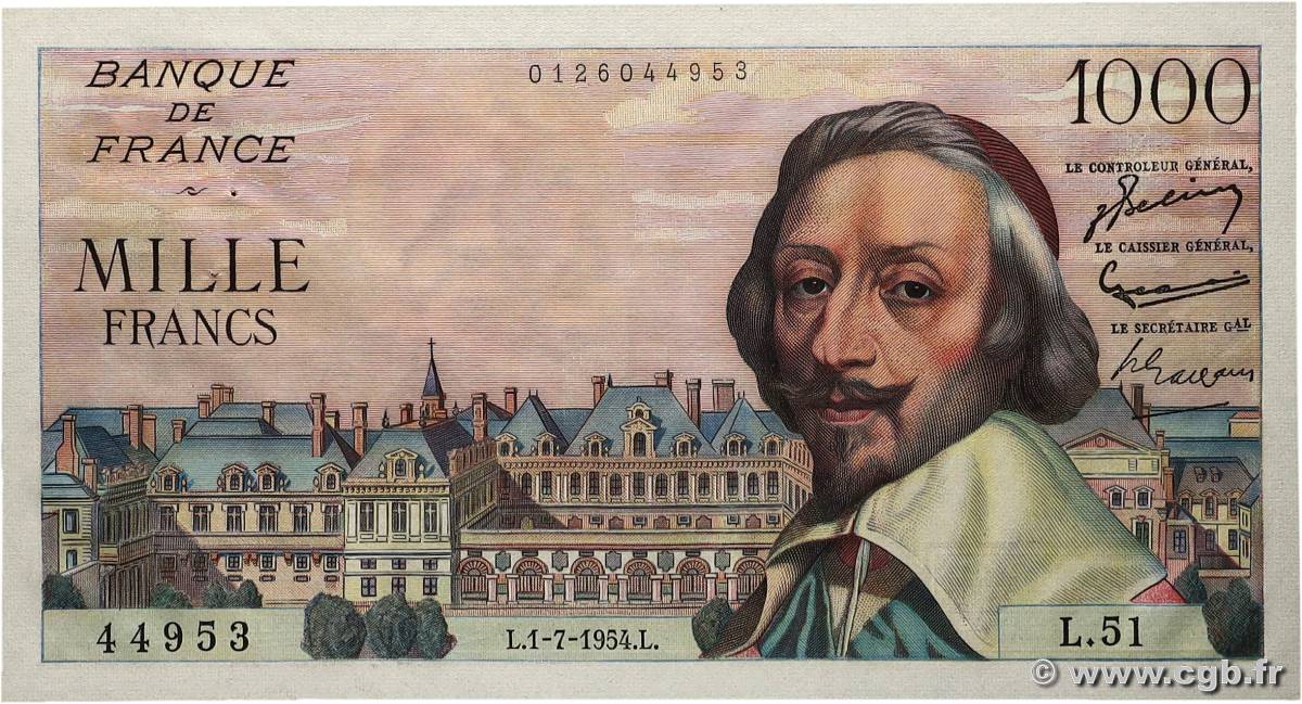 1000 Francs RICHELIEU FRANCE 1954 F.42.06 pr.SPL