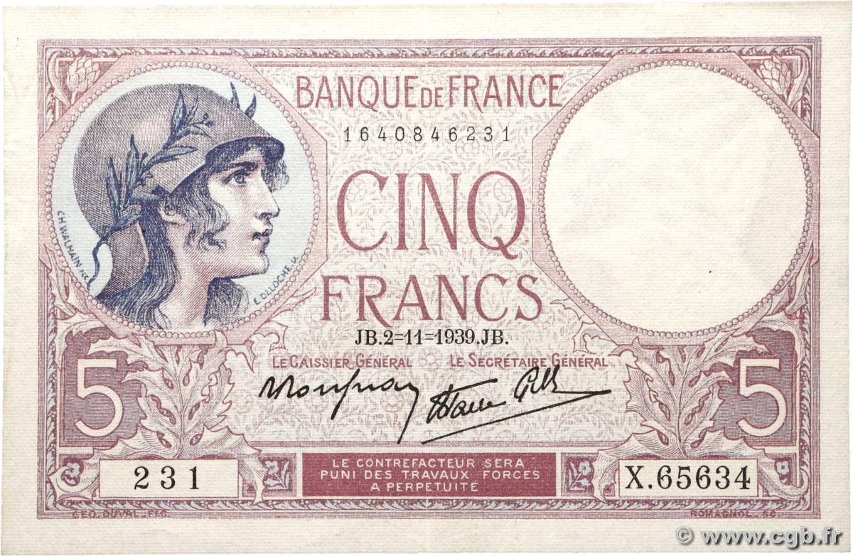 5 Francs FEMME CASQUÉE modifié FRANCE  1939 F.04.14 pr.SUP