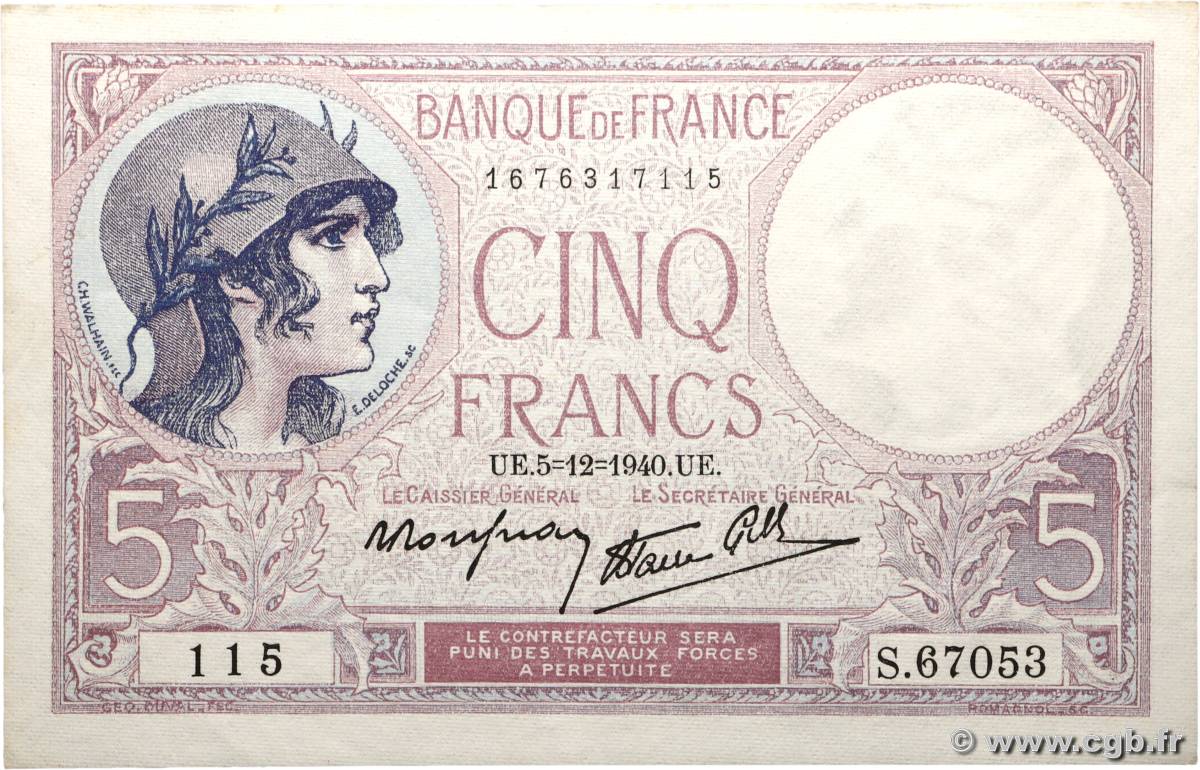 5 Francs FEMME CASQUÉE modifié FRANCE  1940 F.04.16 pr.SPL