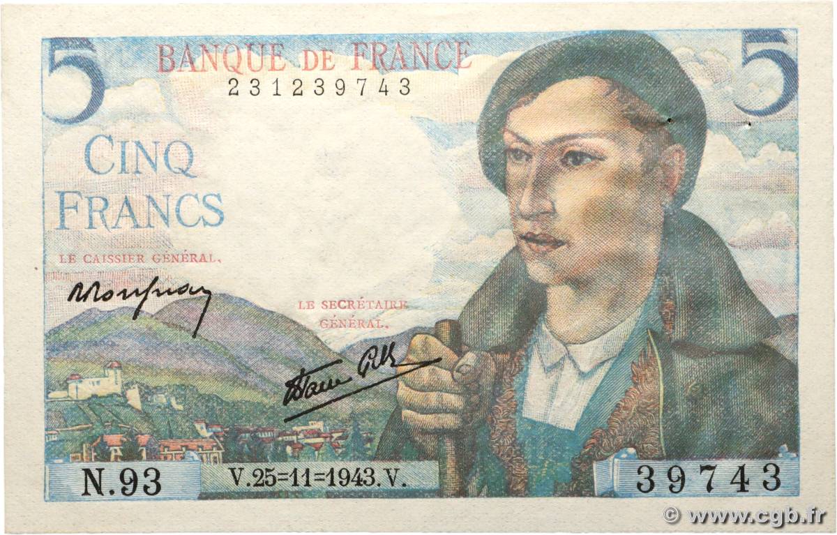 5 Francs BERGER FRANCE  1943 F.05.04 SPL
