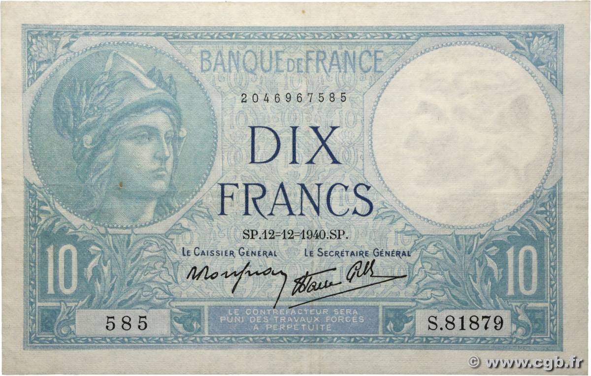 10 Francs MINERVE modifié FRANCE  1940 F.07.24 TTB