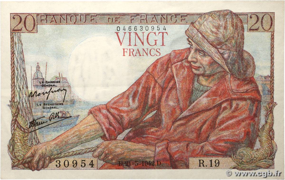 20 Francs PÊCHEUR FRANCE  1942 F.13.02 TTB+