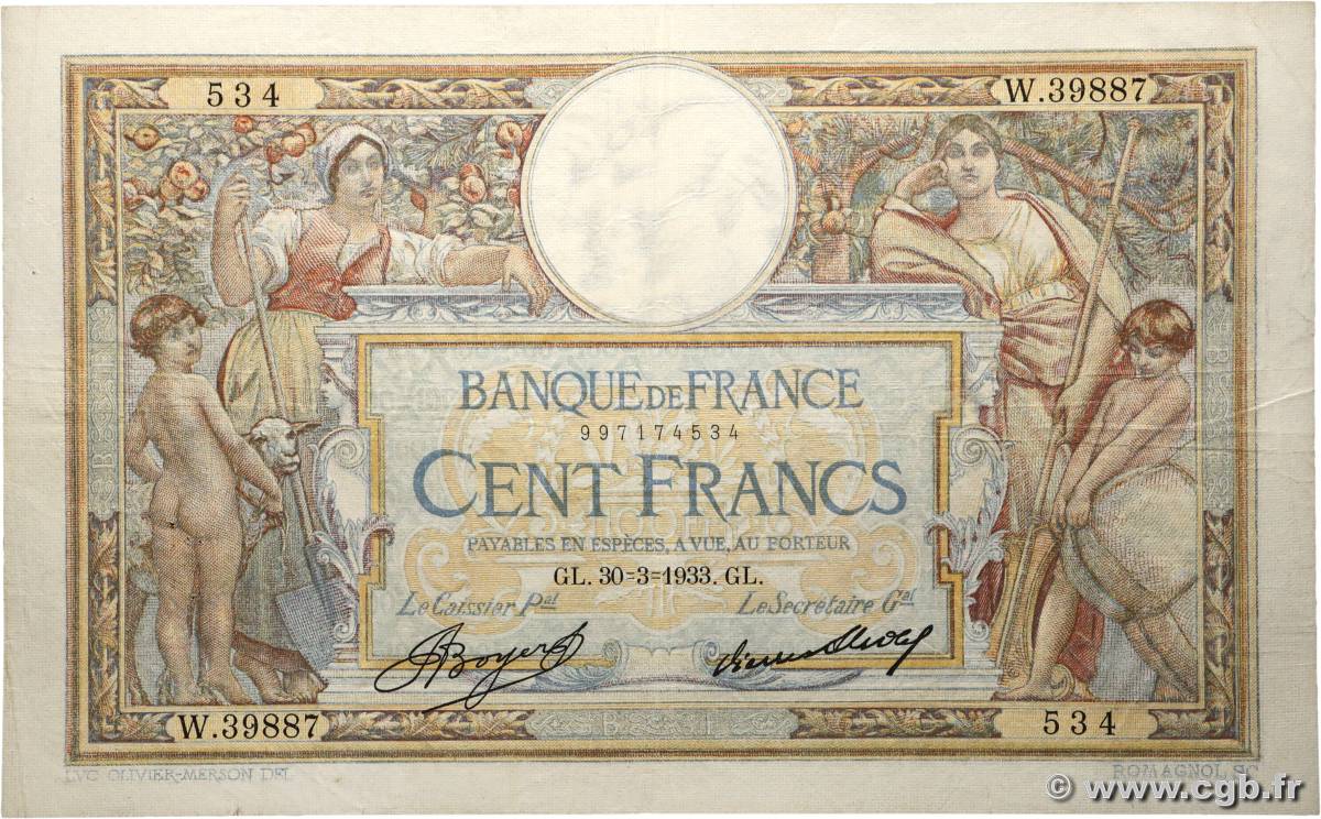 100 Francs LUC OLIVIER MERSON grands cartouches FRANCE  1933 F.24.12 TB+