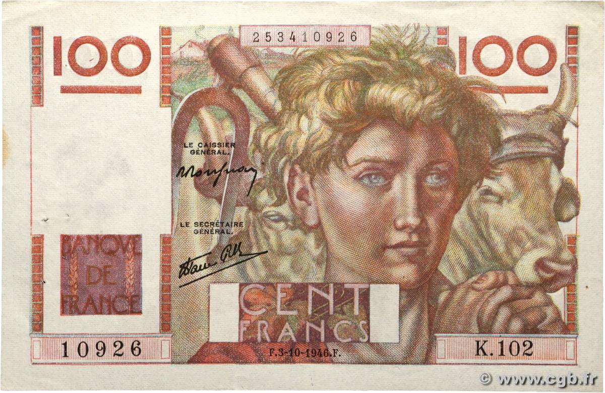 100 Francs JEUNE PAYSAN FRANCE  1946 F.28.09 pr.SUP