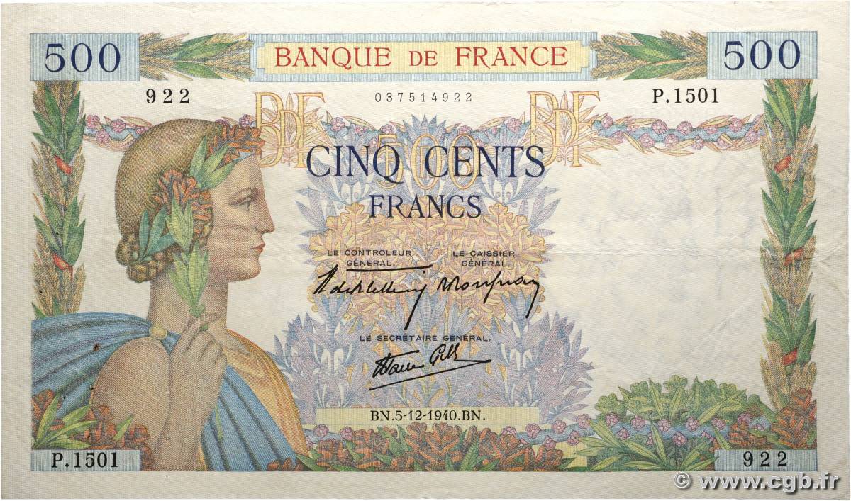 500 Francs LA PAIX FRANCE  1940 F.32.10 TTB