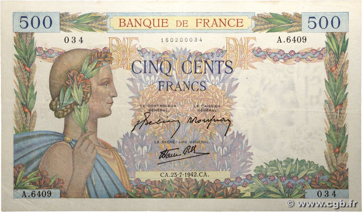 500 Francs LA PAIX FRANCE  1942 F.32.38 TTB