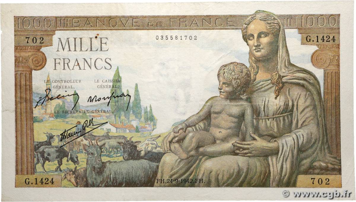 1000 Francs DÉESSE DÉMÉTER FRANCE  1942 F.40.07 TB