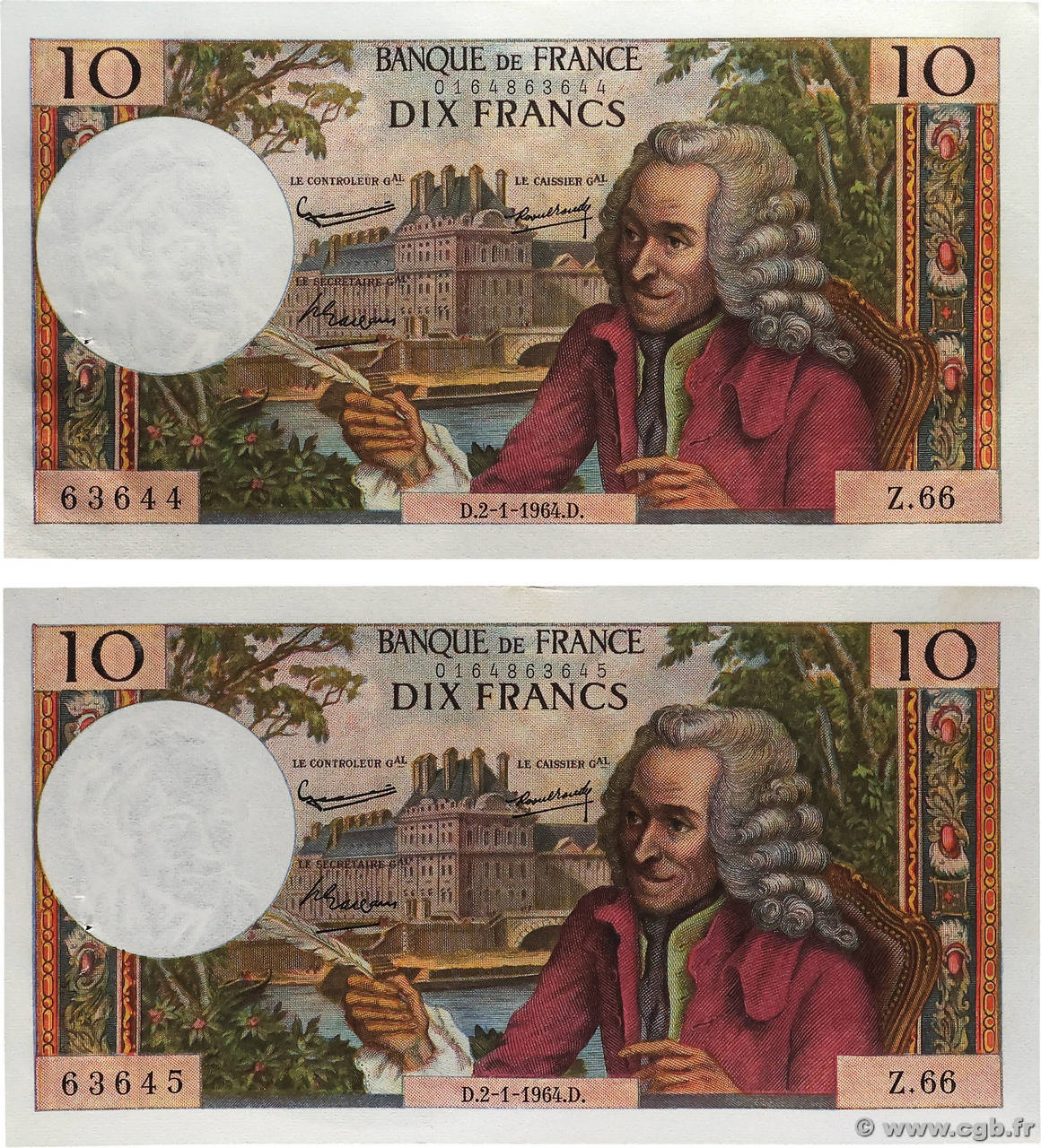 10 Francs VOLTAIRE Consécutifs FRANCE 1964 F.62.07 SUP
