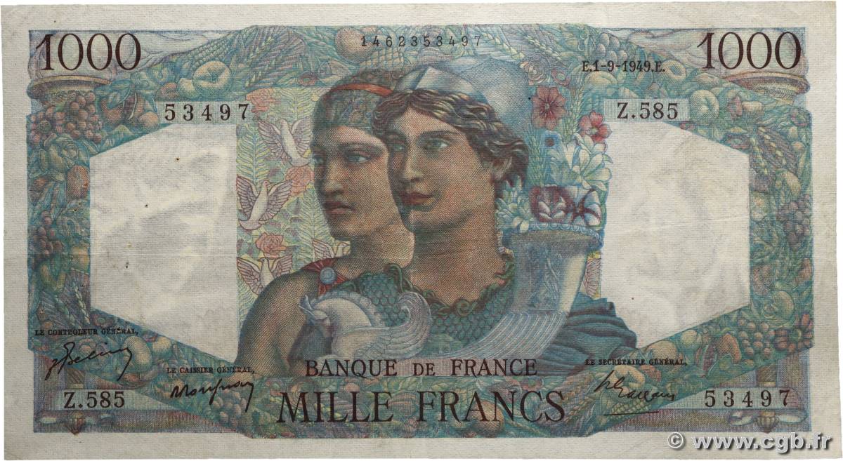 1000 Francs MINERVE ET HERCULE FRANCE  1949 F.41.28 TB