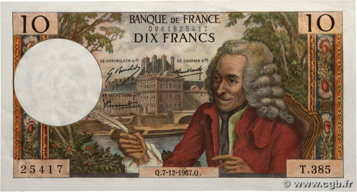 10 Francs VOLTAIRE FRANCE  1967 F.62.30 SPL