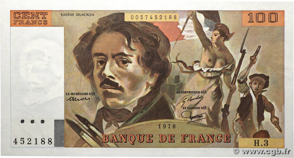 100 Francs DELACROIX FRANKREICH 1978 F.68.03 fST+