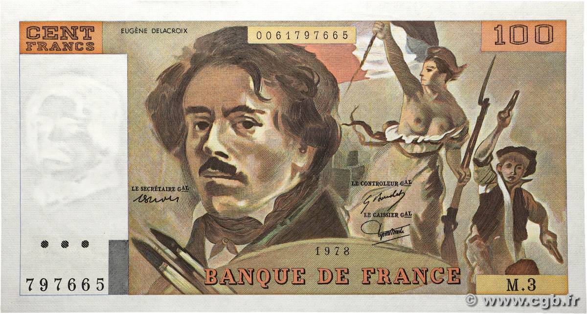 100 Francs DELACROIX modifié FRANKREICH 1978 F.69.01b fST+