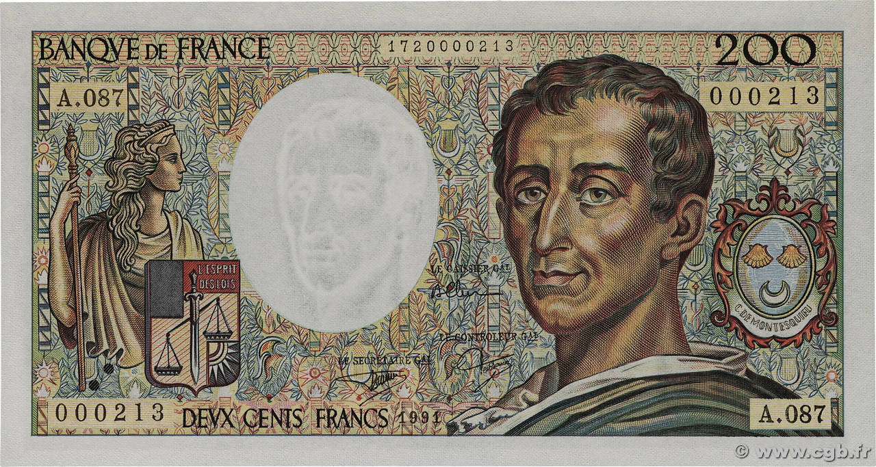 200 Francs MONTESQUIEU Petit numéro FRANCE 1991 F.70.11A87 pr.NEUF
