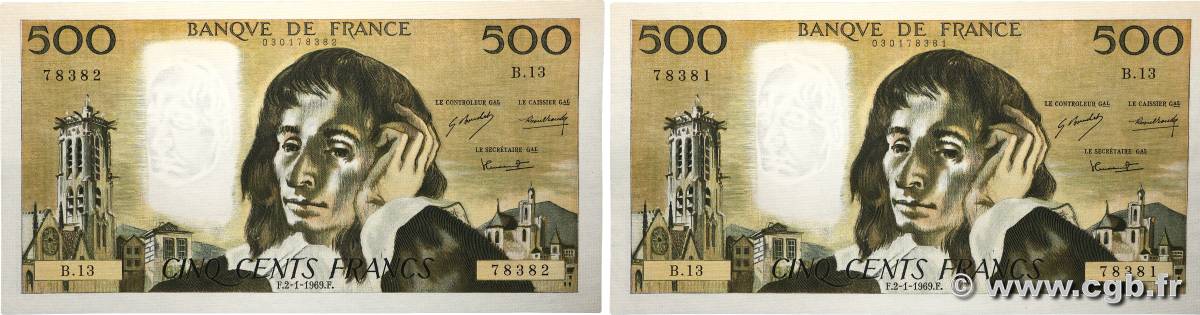 500 Francs PASCAL Consécutifs FRANKREICH 1969 F.71.03 VZ+
